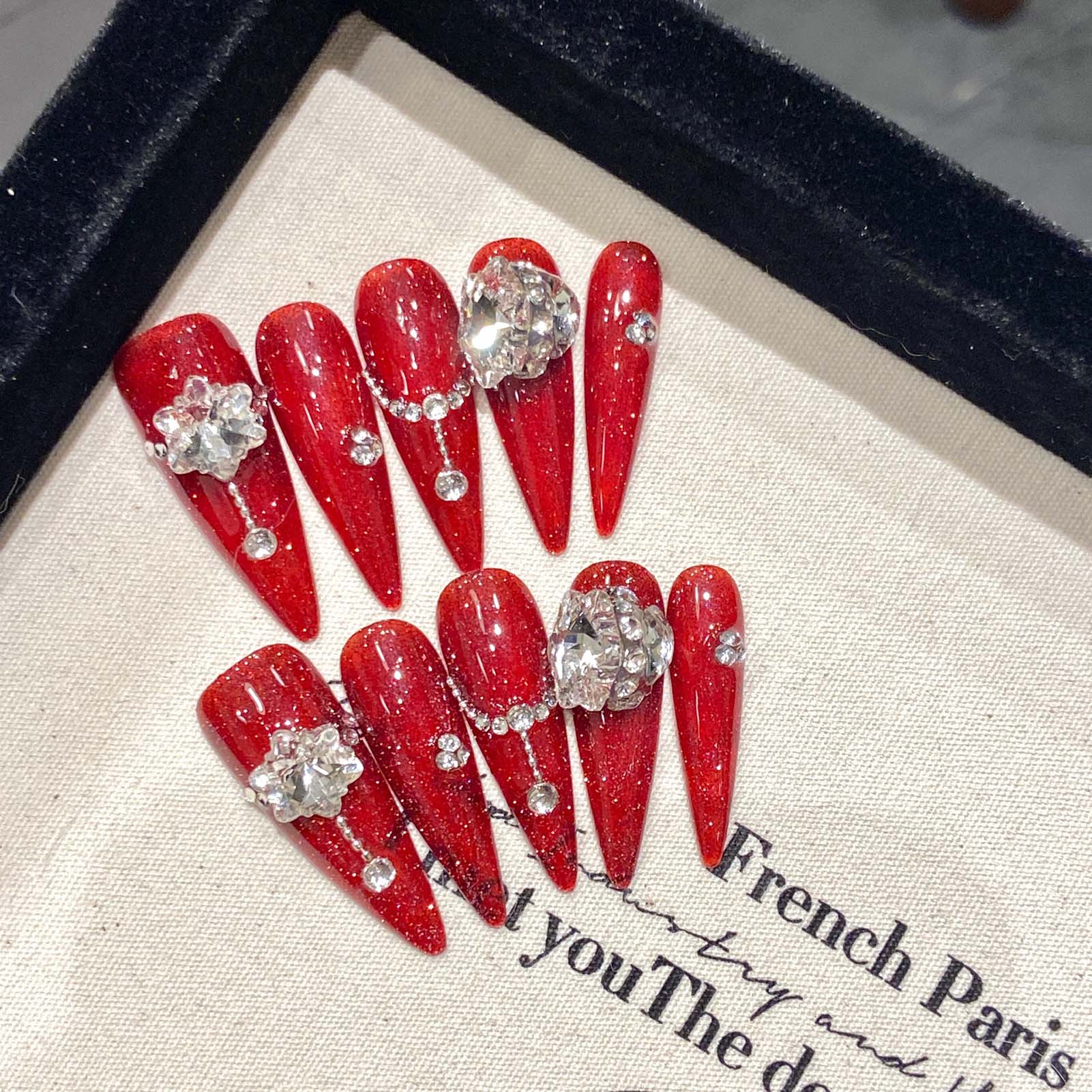 Resin Art Flower - 10pcs Handmade Red False Nails Long